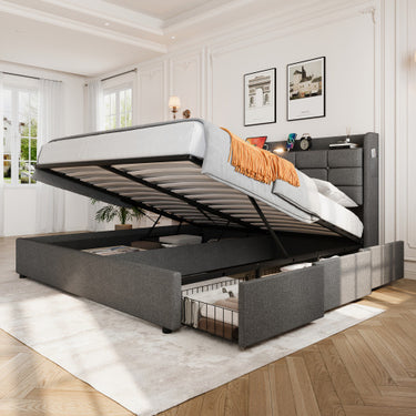 5ft King Bed Frame With Hydraulic Storage & Headboard, Storage And Drawers
